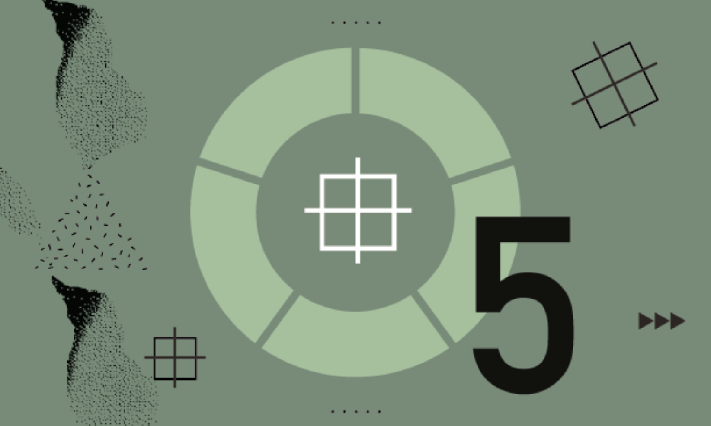 grønn plakat med ulike symboler og tallet 5 på